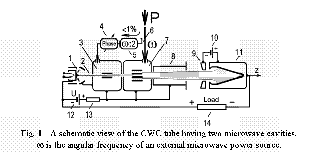 Подпись:  
Fig. 1   A schematic view of the CWC tube having two microwave cavities. 
w is the angular frequency of an external microwave power source.

